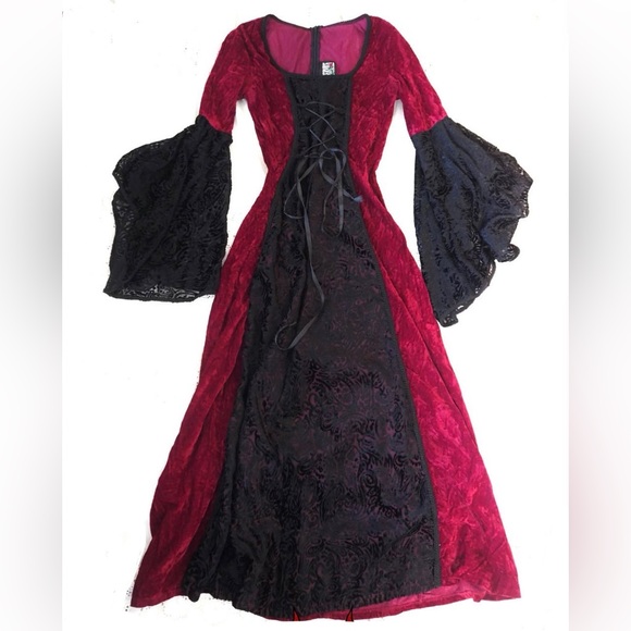 Vintage 1990s Lip Service Black and Red Velvet Vampire Floor-Length Dress - Picture 2 of 5